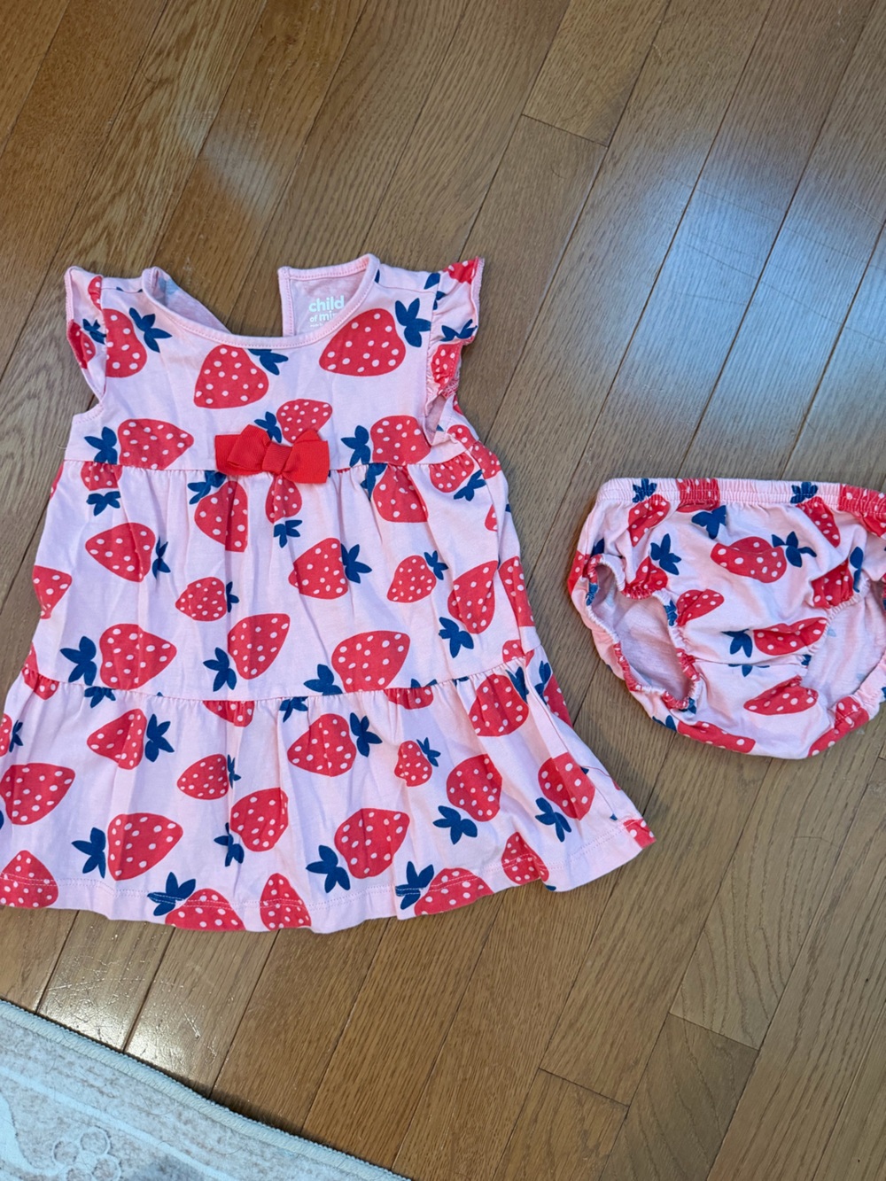 child of mine Pink Strawberry Print dress with Navy Leaf Accents
